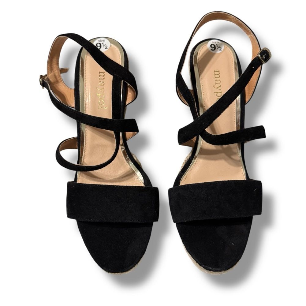 Anthropologie Maypol Espadrille Wedge Sandal 9.5 Black Suede Coastal Resort Chic